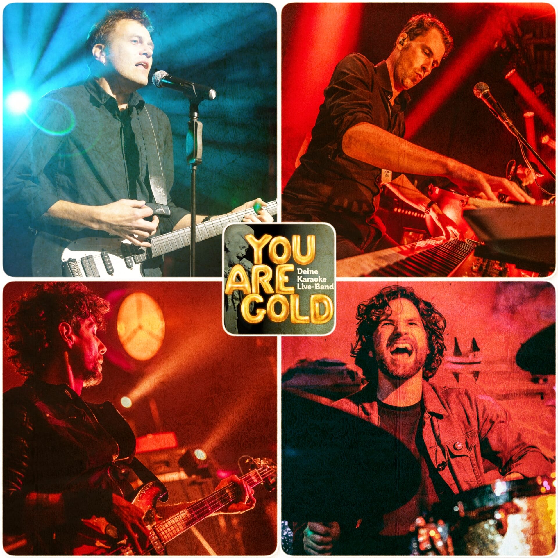 vier Musiker an Instrumenten