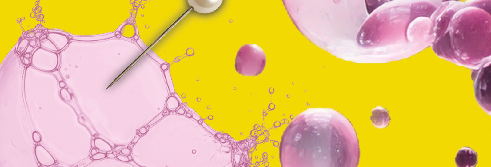 Vor dem gelben Hintergrund des Bildes schweben pinke Seifenblasen, von denen ein mit einer Nadel zum Platzen gebracht wird.