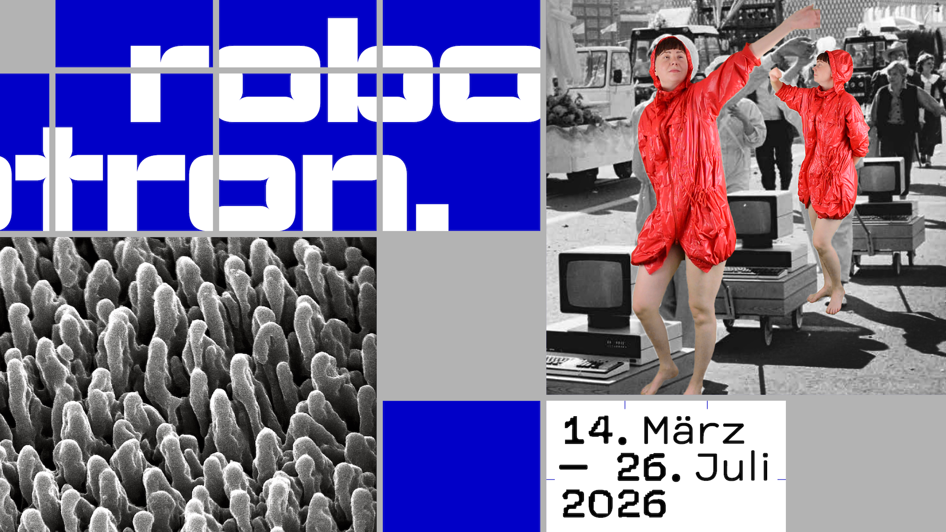 Ausstellungstitel vor blauen Hintergrund, dazwischen Kacheln mit Bildmotiven aus der Ausstellung.