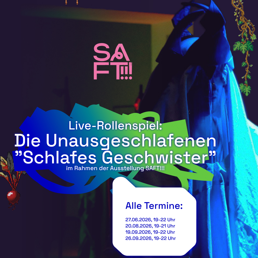 Eine eingehüllte Person wird von einem blauen Licht angeleuchtet. Im Hintergrund scheinen weitere eingehüllte figuren zu stehen. Das Bild wurde mit kleinen pixeligen Grafiken überladen. Oben rechts zieht sich ein gestrüpp hinter der Person hinunter, links von der Person ließt sich 