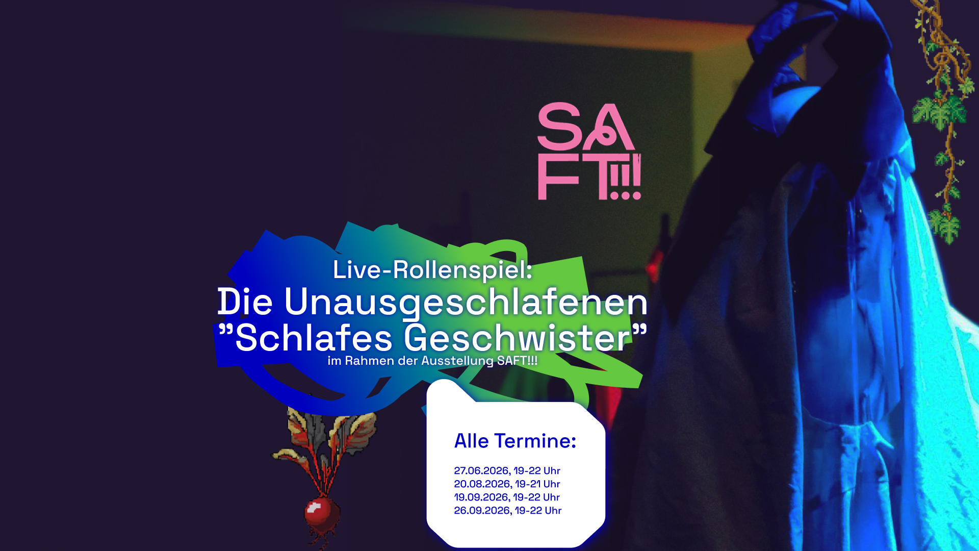 Eine eingehüllte Person wird von einem blauen Licht angeleuchtet. Im Hintergrund scheinen weitere eingehüllte figuren zu stehen. Das Bild wurde mit kleinen pixeligen Grafiken überladen. Oben rechts zieht sich ein gestrüpp hinter der Person hinunter, links von der Person ließt sich 