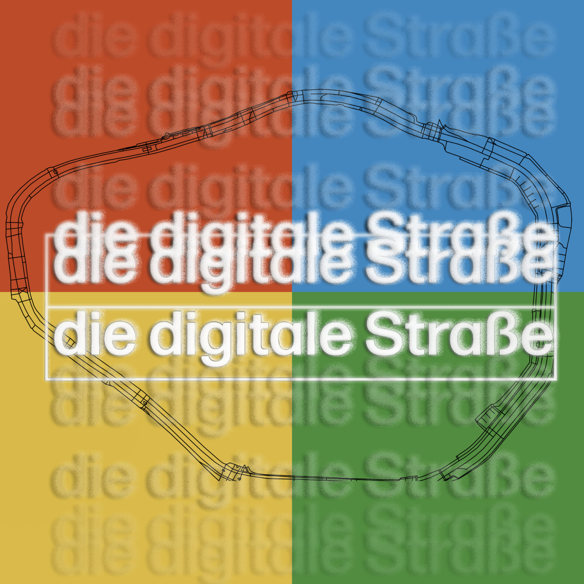 Das Bild zeigt das Logo der digitalen Strasse vor den Umrissen des Dortmunder Walls vor 4 Farbkacheln in rot, blau, gelb und grün.