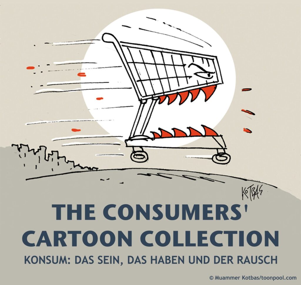 Comic von einem Einkaufwagen mit Zähnen