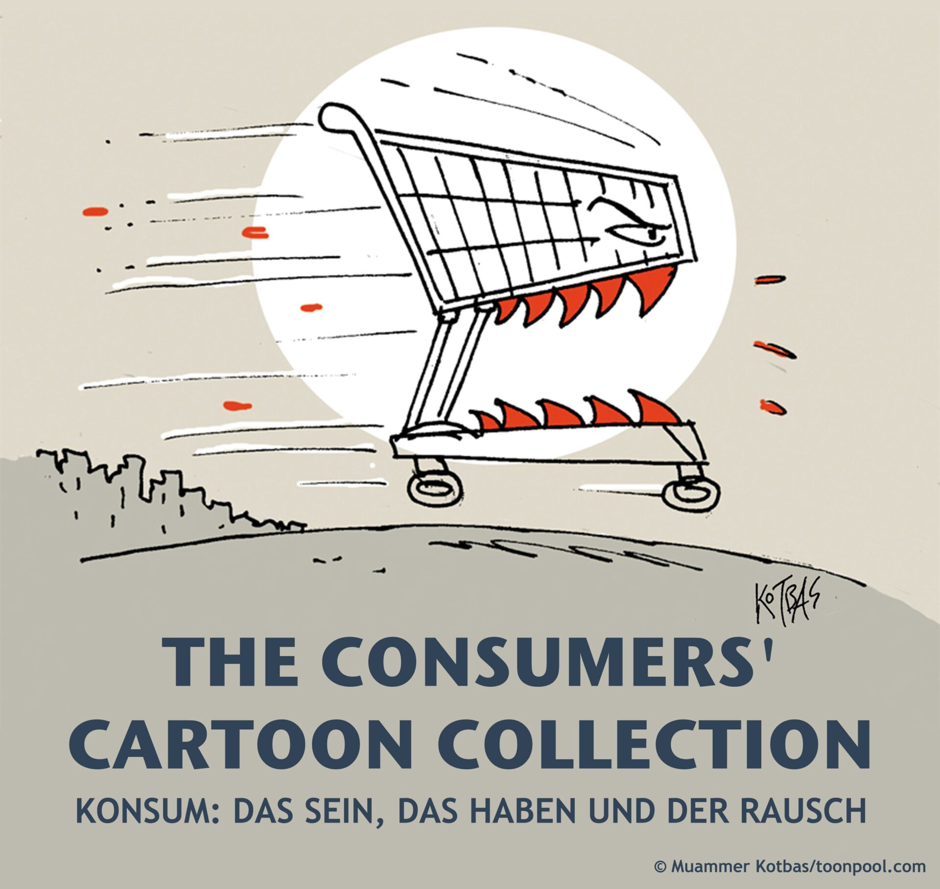 Comic von einem Einkaufwagen mit Zähnen