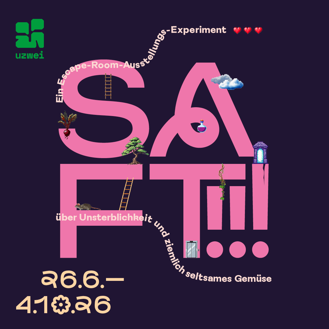 Keyvisual zur Ausstellung SAFT!!!. Vor einem dunklen Hintergrund steht in rosa Schrift das Wort SAFT!!! geschrieben. Außerdem stehen in einem helleren Ton der Untertitel 