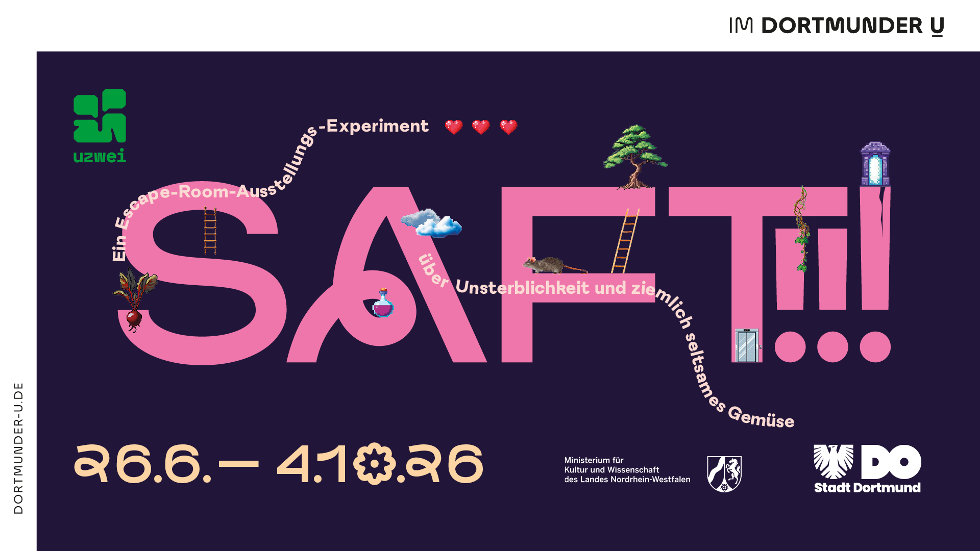 Keyvisual zur Ausstellung SAFT!!!. Vor einem dunklen Hintergrund steht in rosa Schrift das Wort SAFT!!! geschrieben. Außerdem stehen in einem helleren Ton der Untertitel 