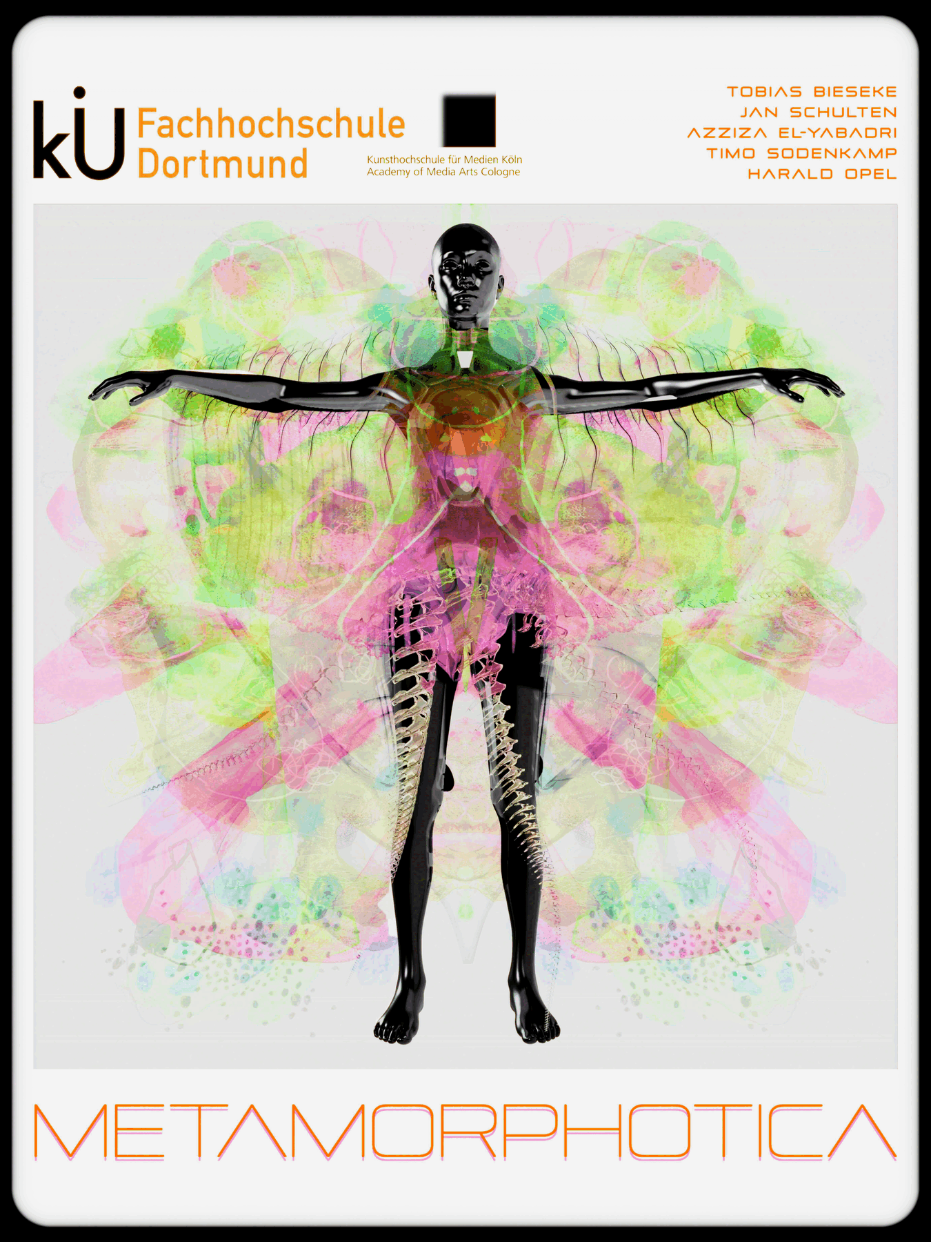 Plakat zum Projekt ‘Metamorphotica’ der Fachhochschule Dortmund und Kunsthochschule für Medien Köln: schwarze humanoide Figur mit ausgebreiteten Armen vor symmetrischem Muster in Pink und Grün, das an Schmetterlingsflügel erinnert.