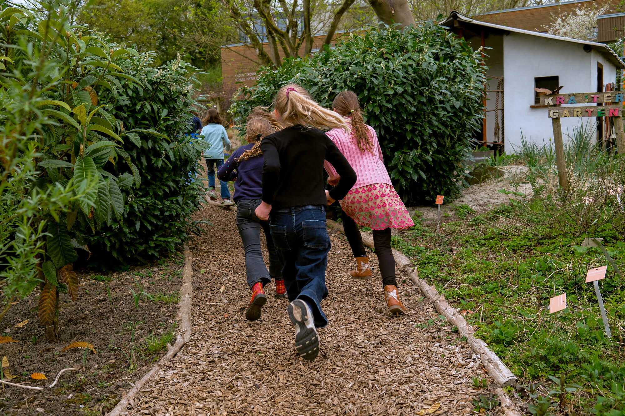 Mehrere Kinder laufen durch einen Park.