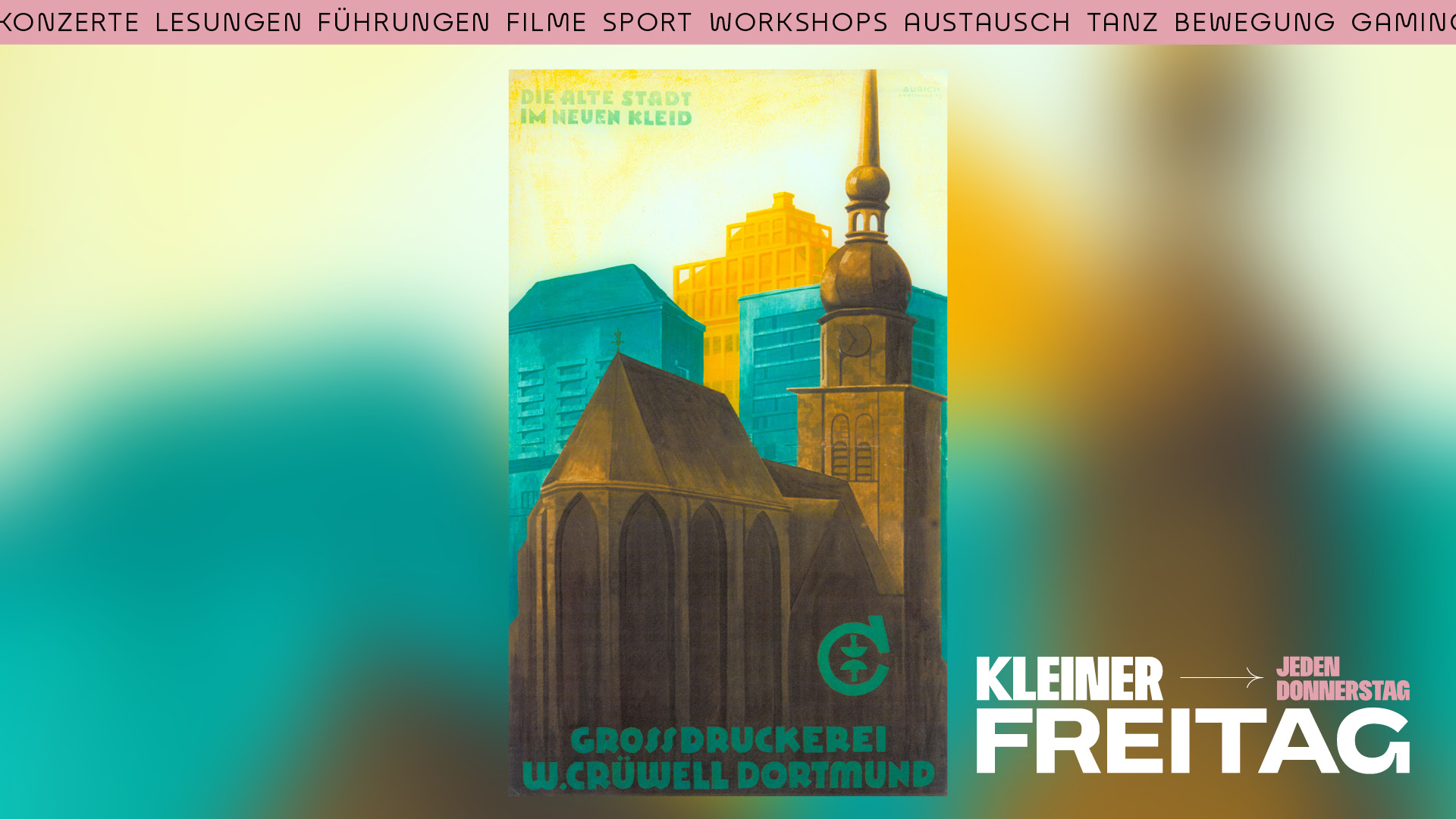 Plakat mit Illustration von Gebäuden und Turm, darunter Text 'GROSSDRUCKEREI W.DORTMUND'