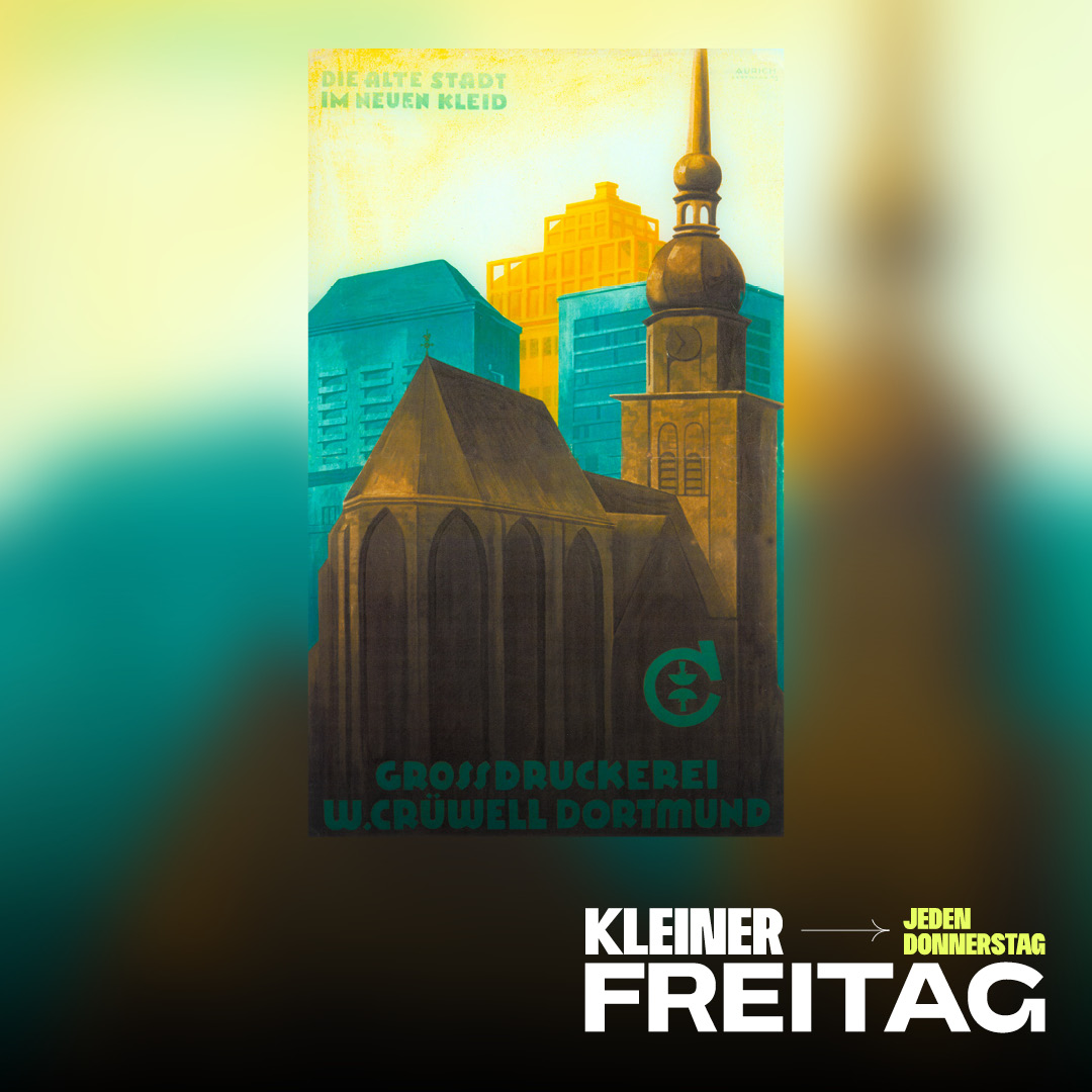 Plakat mit Illustration von Gebäuden und Turm, darunter Text 'GROSSDRUCKEREI W.DORTMUND'