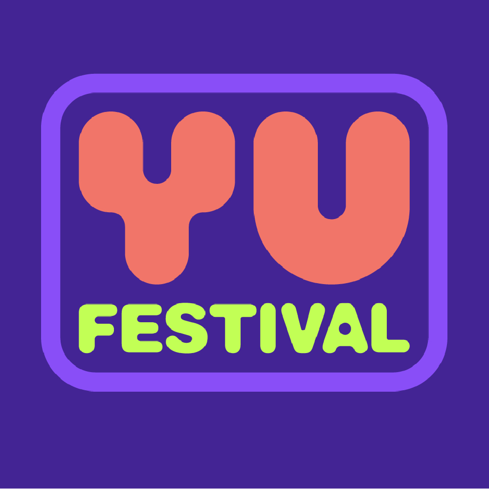 Grafik mit Logo des YU Festival. Das Bild zeigt das Logo des YU Festival in orangenen, gelben und lila Farben.